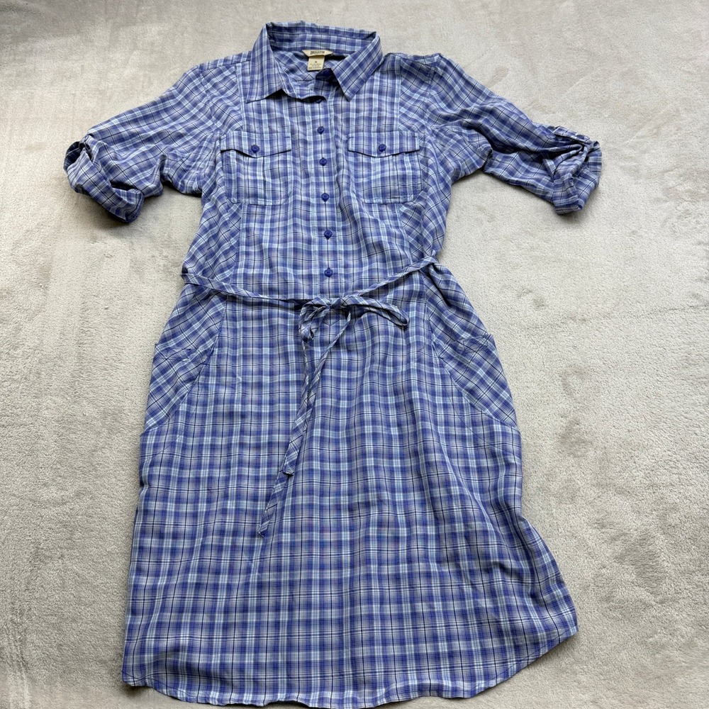 Duluth Trading Co Shirt Dress Womens M Blue Plaid Roll Sleeve Pockets Gorpcore